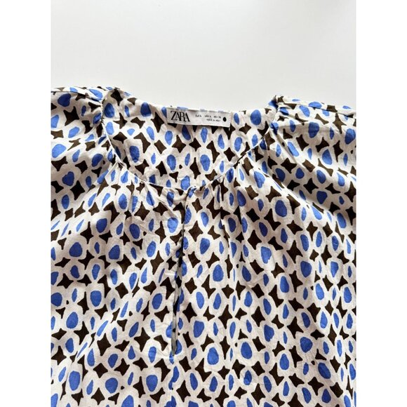 ZARA Blue Printed Cotton Voile Tiered A-Line Midi Dress, Size L - Picture 6 of 15